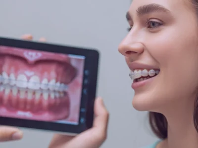 Paciente sonriendo con brackets estéticos de zafiro observando su planificación de bio-ortodoncia funcional en una tablet con simulación 3D.