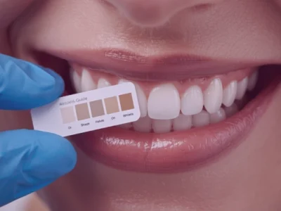 Odontólogo verificando el resultado de un blanqueamiento dental profesional con guía de tonos sobre una sonrisa blanca y brillante.