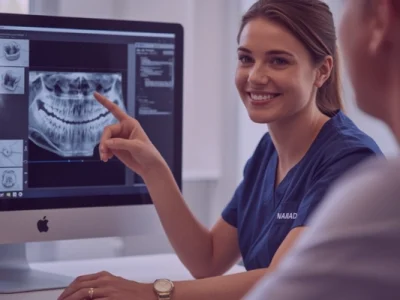 Odontóloga especialista explicando un diagnóstico integral sobre una radiografía panorámica digital en pantalla a un paciente durante la planificación del tratamiento.