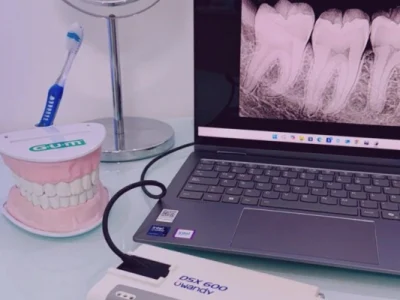 Equipo de radiovisiografía digital con sensor Owandy conectado a notebook mostrando radiografía dental de alta resolución en SutilCenter Villa Carlos Paz.