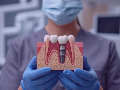 Odontóloga especialista sosteniendo un modelo anatómico educativo que muestra la estructura de un implante dental de titanio comparado con dientes naturales.