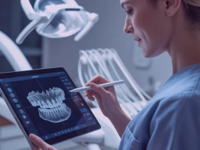 Odontóloga especialista utilizando tablet y lápiz óptico para analizar un escaneo dental 3D y planificar el tratamiento digitalmente sin moldes.