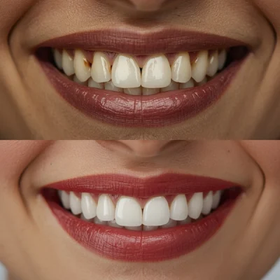 Comparativa de antes y después de diseño de sonrisa con carillas dentales estéticas de cerámica, mostrando corrección de color, forma y alineación.